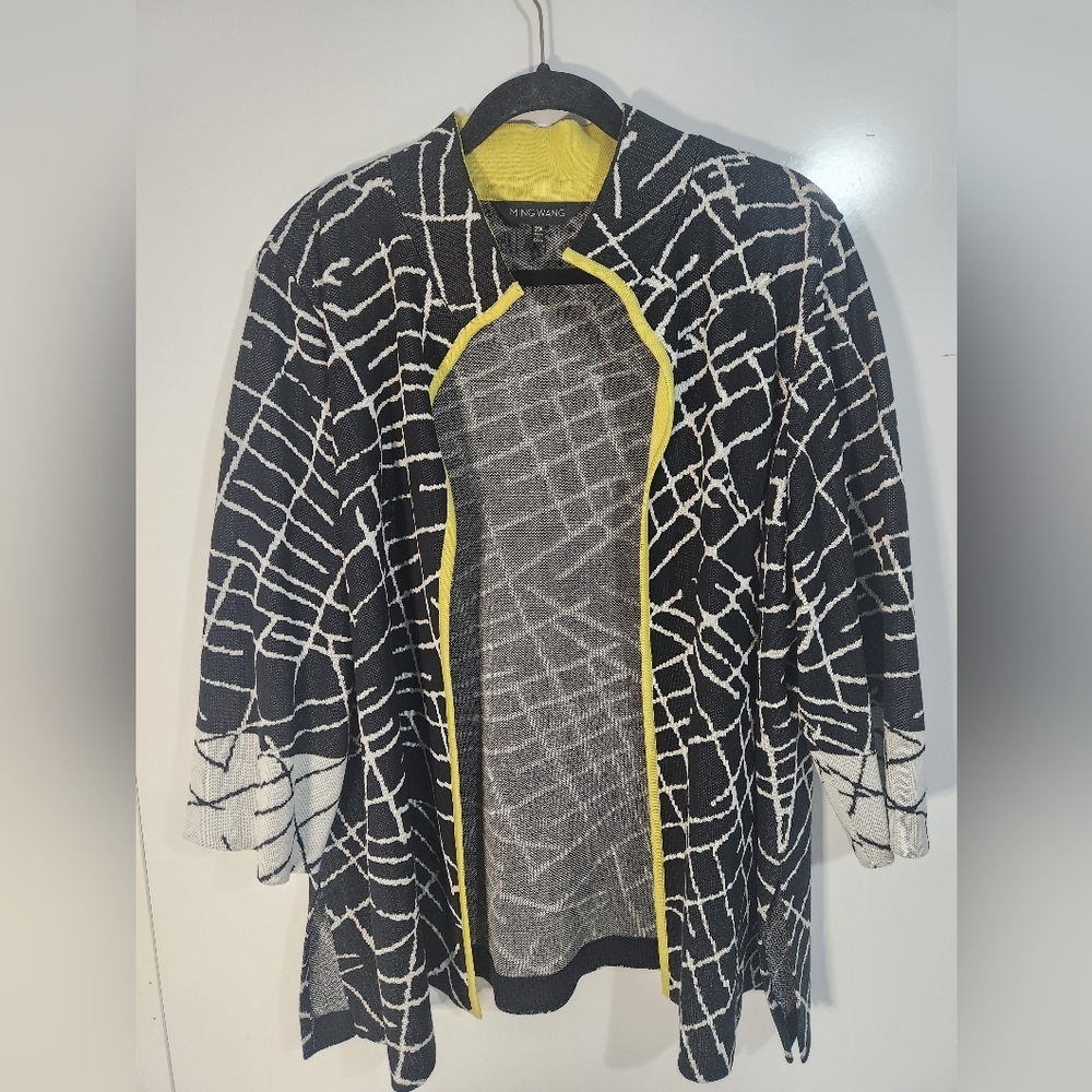 Ming Wang Black & White Open-Front Jacket with Yellow Trim